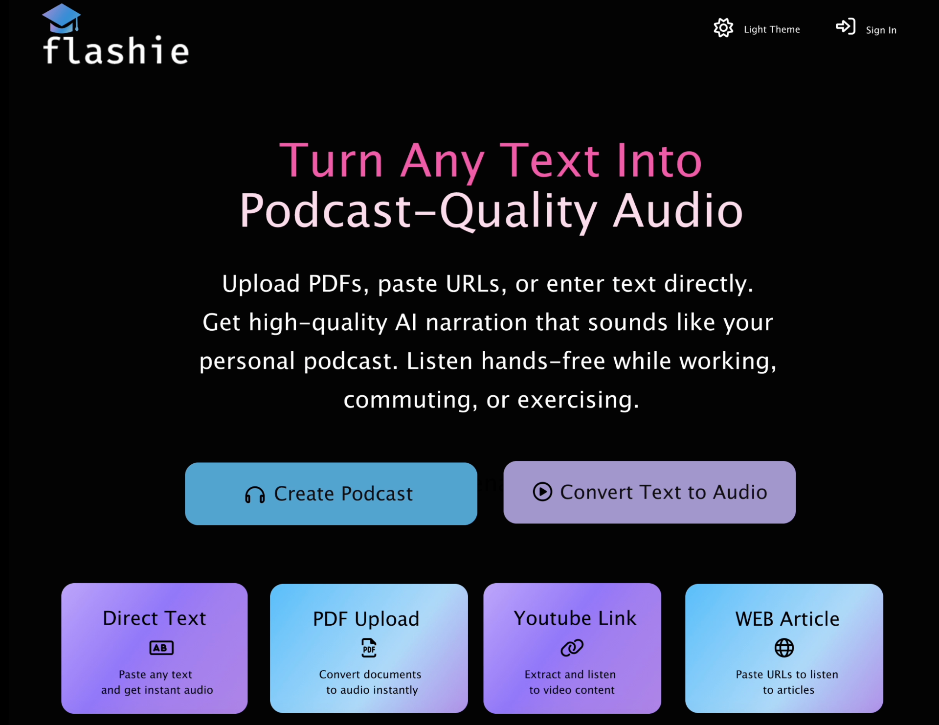 Flashie marketing home page — Turn any text into podcast-quality audio
