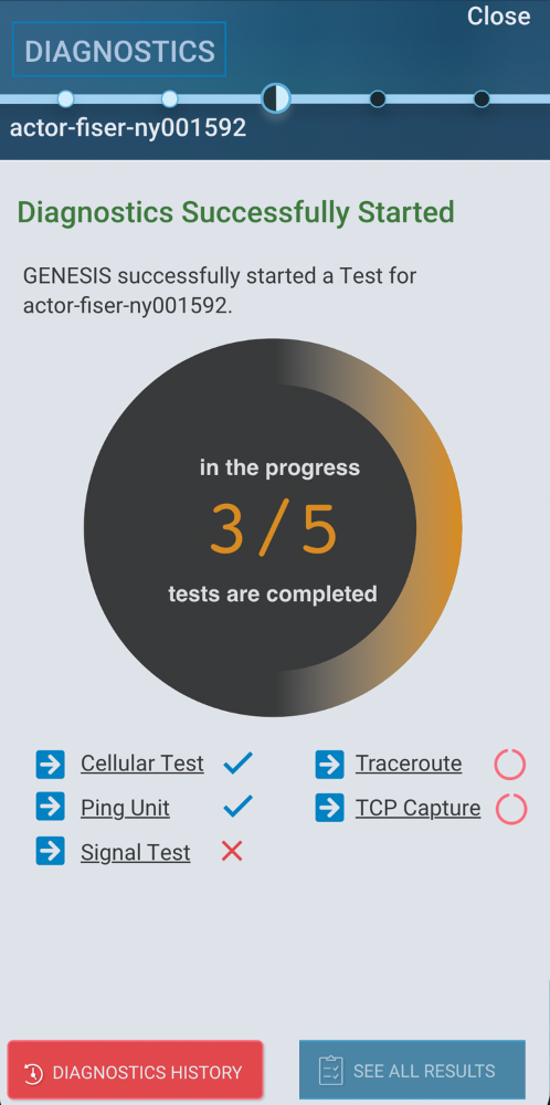 Genesis Mobile App diagnostics in progress, 3 of 5 tests complete