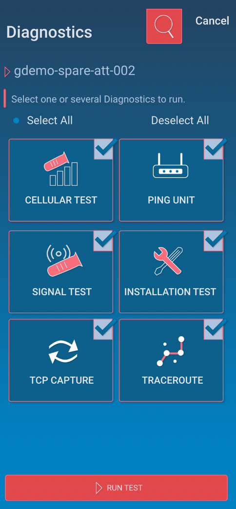 Genesis Mobile App diagnostics screen with selectable cellular tests
