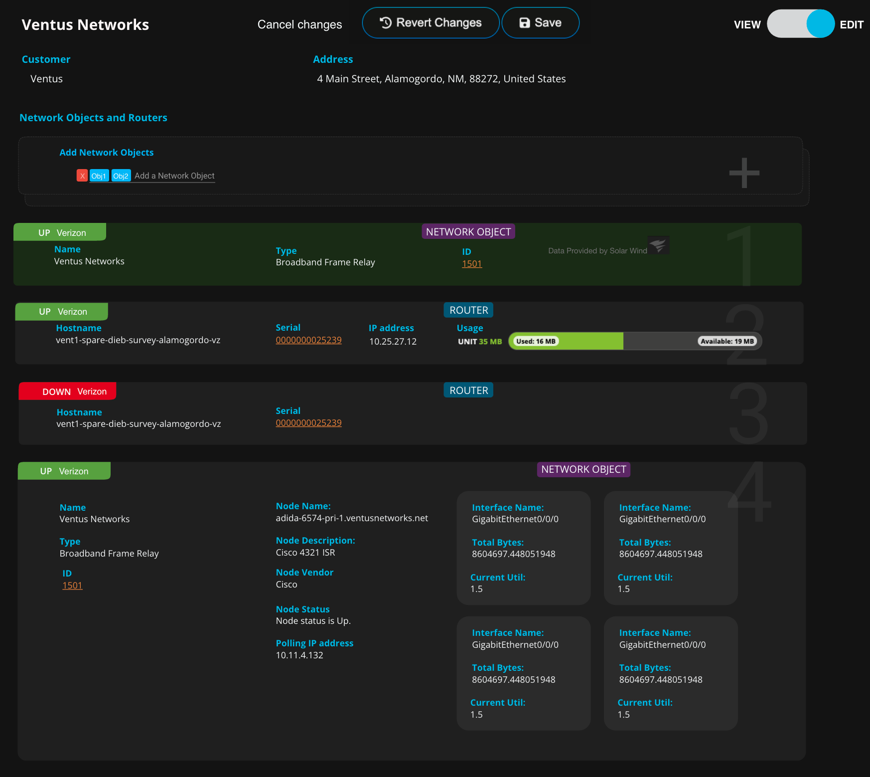 Genesis editable customer view with routers and network objects